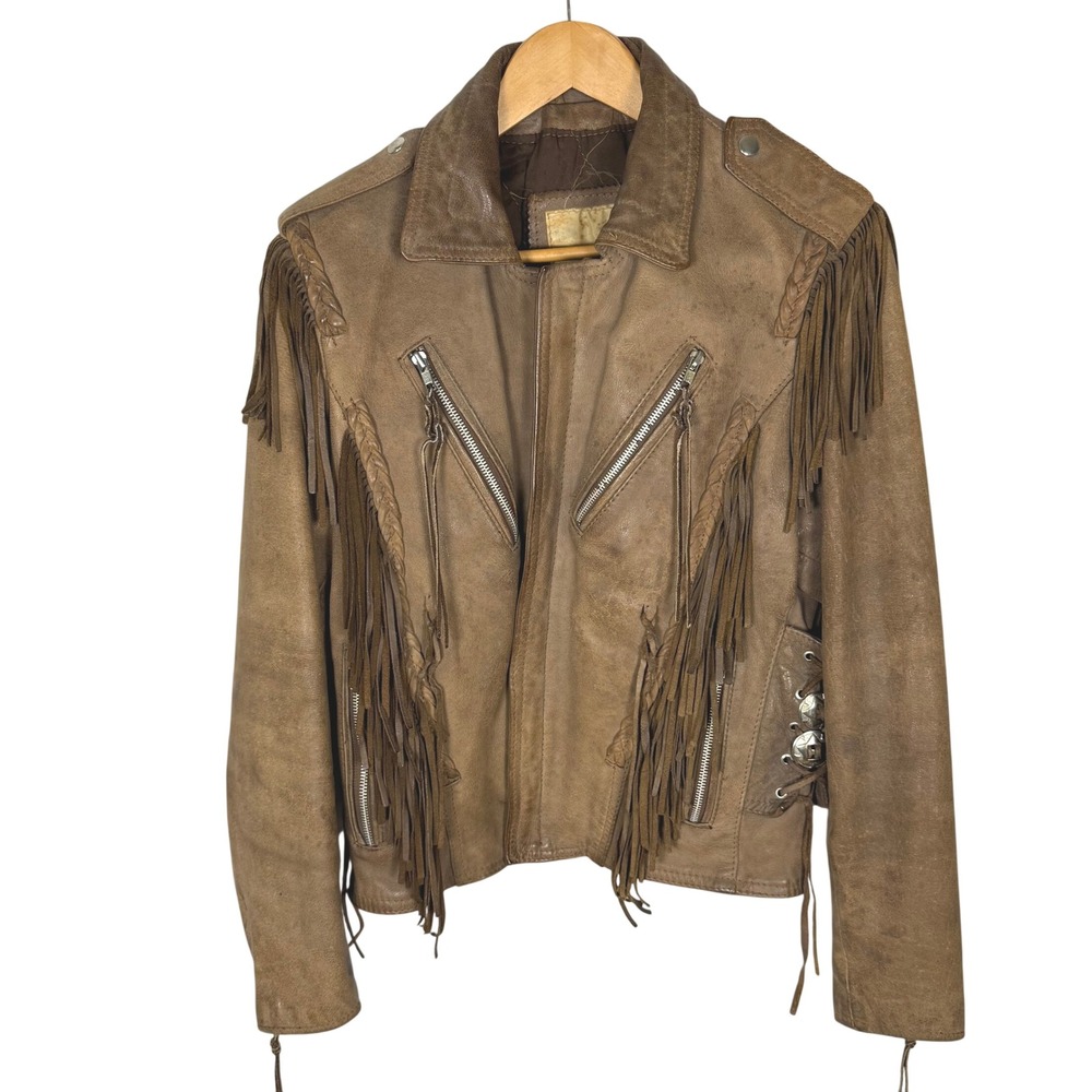 Vtg 70s Brown Leather Fringe Concho Moto Jacket Boho Western Cowgirl